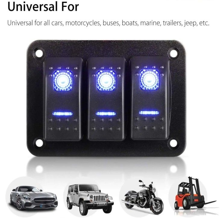 DC 12V 24V Mavi LED arka ışık 3 Gang Alüminyum 5 Pin ON Off Toggle Rocker Switch Panel