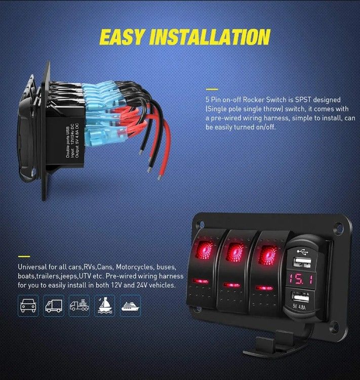 DC12V 24V 3 Gang Kırmızı LED Light Rocker Çapraz Panel Kutusu Araba Denizci Kamyonlar için Voltmeter