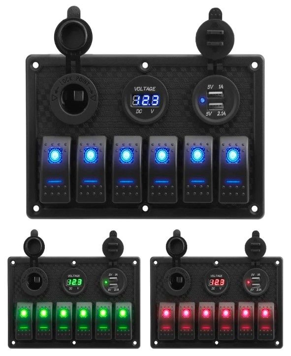 Su geçirmez Denizci Tekne Rocker Değiştirme Paneli 6 Gang Çift USB Soketi 3.1A Volt Meter Mavi LED Işık