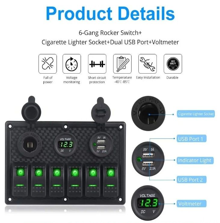Su geçirmez Denizci Tekne Rocker Değiştirme Paneli 6 Gang Çift USB Soketi 3.1A Volt Meter Mavi LED Işık
