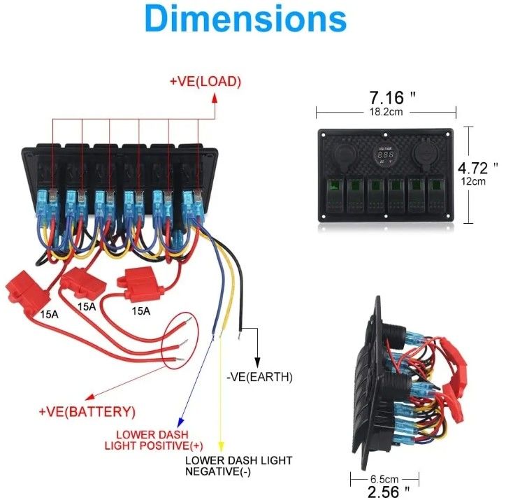 Su geçirmez Denizci Tekne Rocker Değiştirme Paneli 6 Gang Çift USB Soketi 3.1A Volt Meter Mavi LED Işık