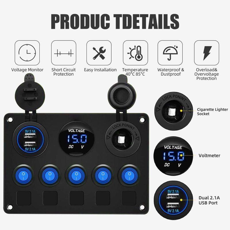 Mavi LED ışıkları ile çift USB yuvası soketi ile 5 Gang Su geçirmez Rocker Değiştirme Paneli
