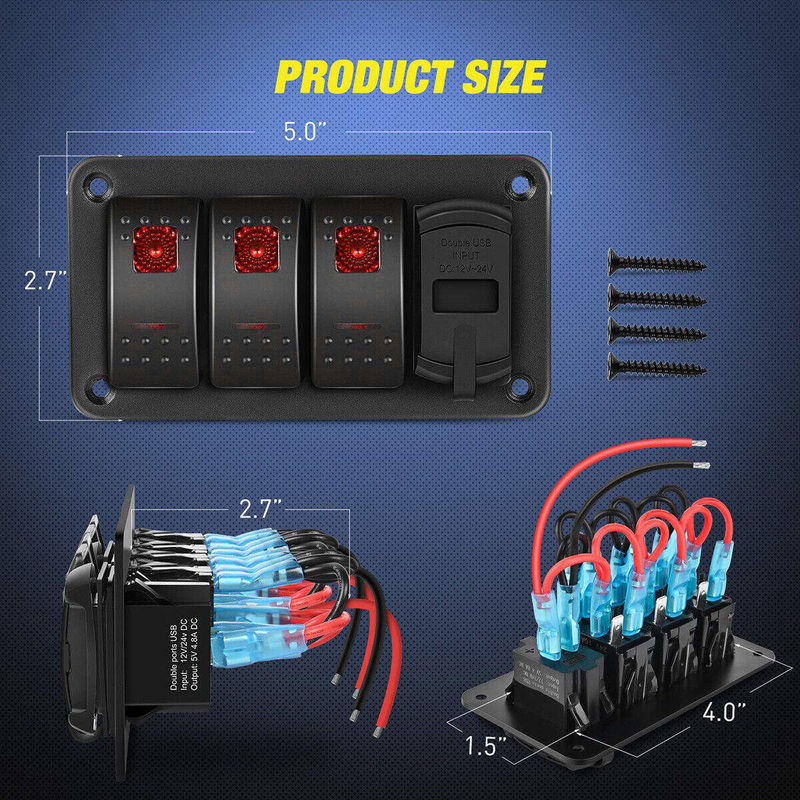 DC12V 24V 3 Gang Kırmızı LED Işık Rocker Çapraz Panel Kutusu Çift 4.8A USB Şarj cihazı ile